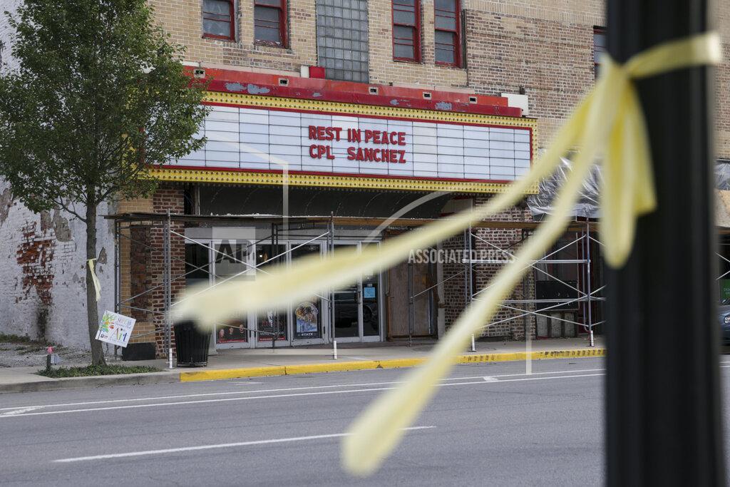 Nikos Frazier The State Theatre marquee reads "Rest In Peace Cpl. Sanchez" for Marine Cpl. Humberto Sanchez, Monday, Sept. 13, 2021 in Logansport, Ind. Sanchez was one of 13 U.S. service members to die in an explosion during evacuation efforts in Afghanistan. (Nikos Frazier/Journal & Courier via AP)