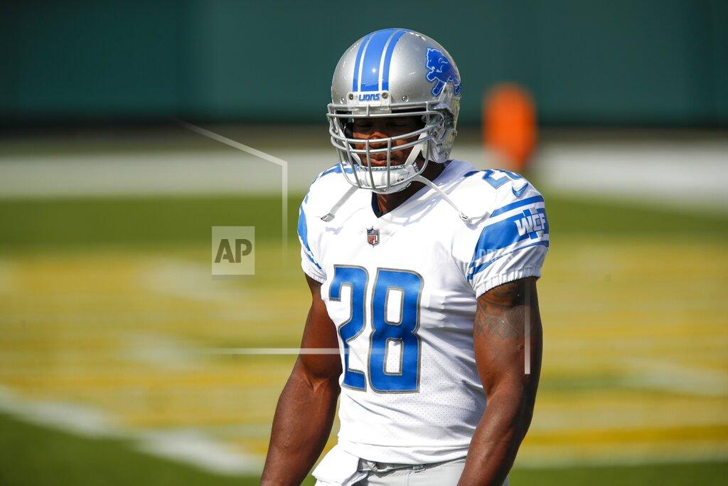 Matt Ludtke Detroit Lions' Adrian Peterson warms up before an NFL football game against the Green Bay Packers Sunday, Sept. 20, 2020, in Green Bay, Wis. (AP Photo/Matt Ludtke)