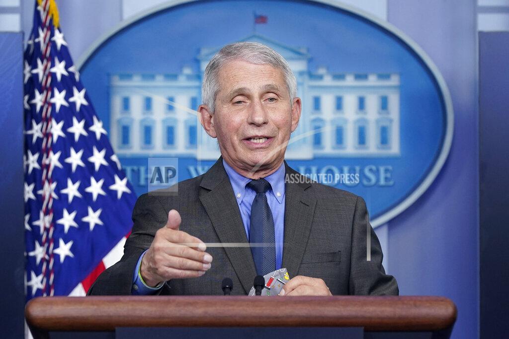 Dr. Anthony Fauci, director of the National Institute of Allergy and Infectious Diseases, speaks during a press briefing at the White House, Tuesday, April 13, 2021, in Washington. (AP Photo/Patrick Semansky)