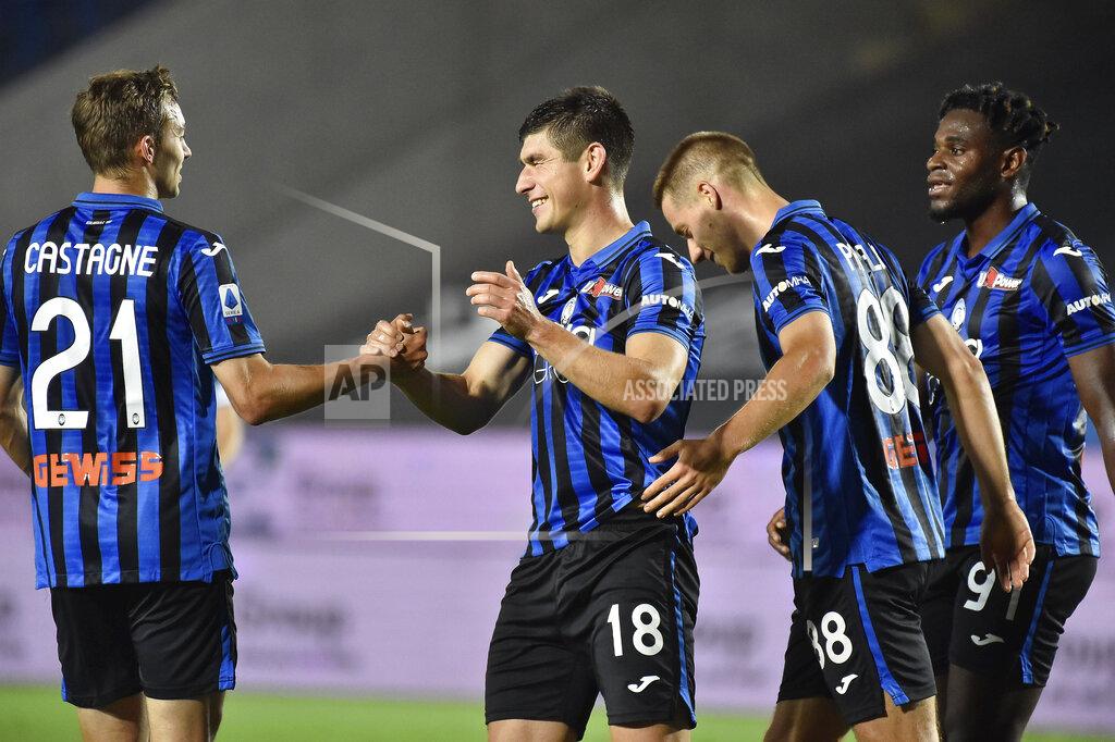 Gianluca Checchi Atalanta's Ruslan Malinovskyi celebrates after scoring a goal during a Serie A soccer match between Atalanta and Brescia, at the Gewiss Stadium in Bergamo, Italy, Tuesday, July 14, 2020. (Gianluca Checchi/LaPresse via AP)