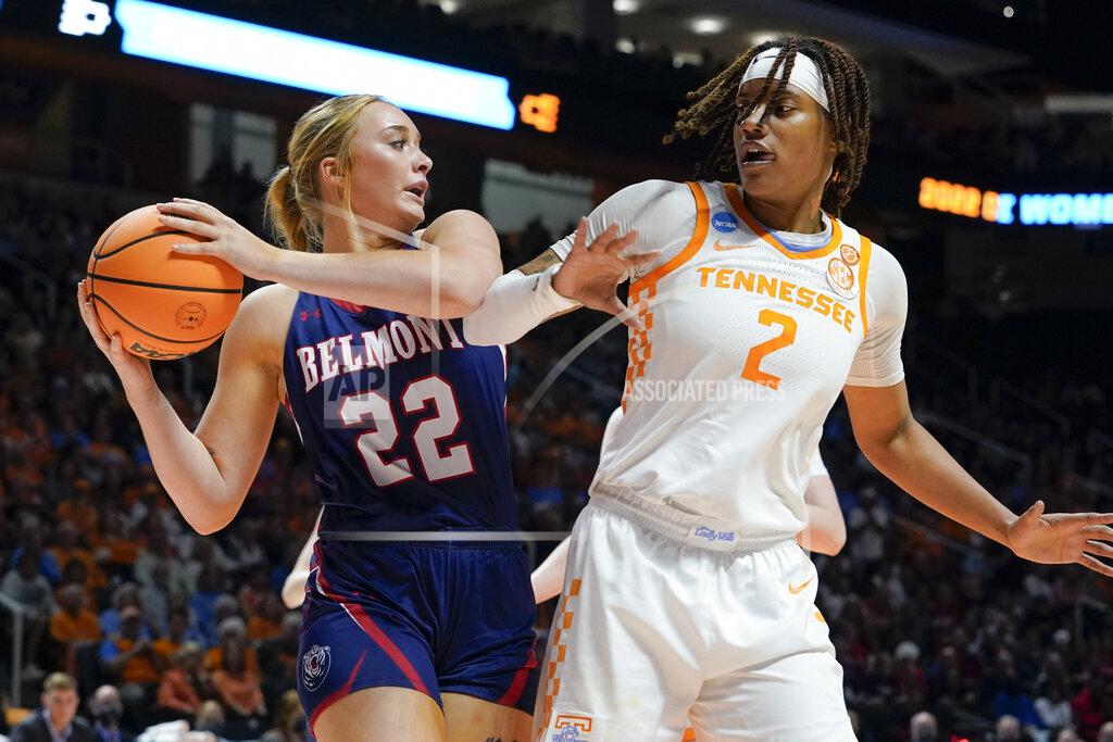 Mark Humphrey Belmont's Tessa Miller (22) protects the ball from Tennessee's Alexus Dye (2) in the second half of a women's college basketball game in the second round of the NCAA tournament Monday, March 21, 2022, in Knoxville, Tenn. (AP Photo/Mark Humphrey)