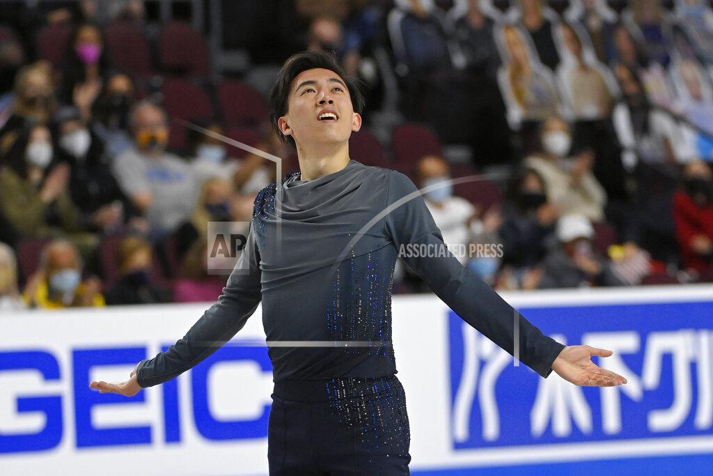 David Becker Vincent Zhou performs during the men's short program at the Skate America figure skating event Friday, Oct. 22, 2021, in Las Vegas. (AP Photo/David Becker)
