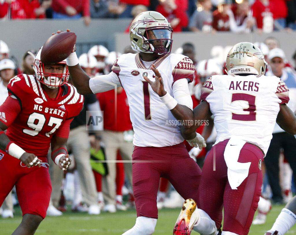 Chris Seward FILE - In this Nov. 3, 2018, file photo, Florida State's James Blackman (1) looks to pass during the first half of the team's NCAA college football game against North Carolina State in Raleigh, N.C. Blackman is in the driver’s seat in the quarterback competition at Florida State. (AP Photo/Chris Seward, File)