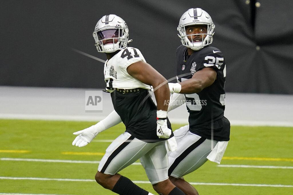John Locher Las Vegas Raiders cornerback Amik Robertson (41) guards running back Theo Riddick (35) during an NFL football training camp practice Friday, Aug. 28, 2020, in Las Vegas. (AP Photo/John Locher)