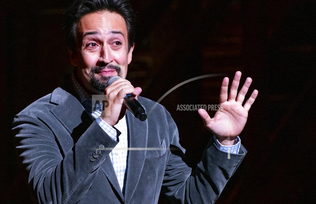 Craig Ruttle "Hamilton!" creator Lin-Manuel Miranda gives a curtain speech at the Richard Rodgers Theatre as the show opened Tuesday, Sept. 14, 2021, after being closed in early 2020 due to COVID-19 concerns. (AP Photo/Craig Ruttle)
