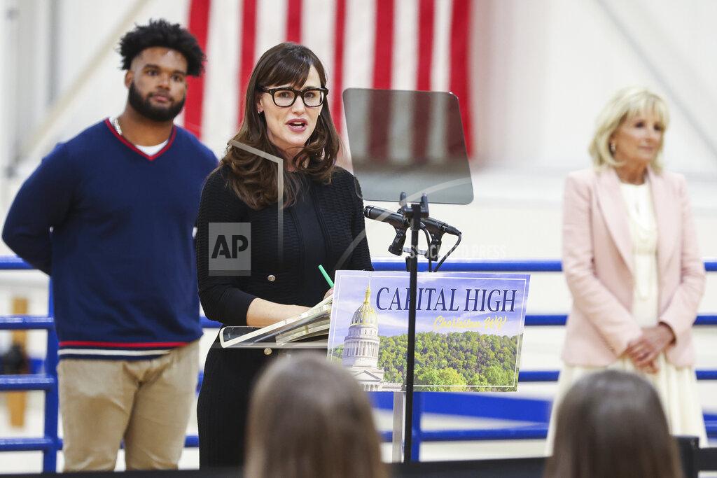 Oliver Contreras Actor Jennifer Garner speaks during a visit with first lady Jill Biden to a vaccination center at Capital High School in Charleston, W.Va., Thursday, May 13, 2021. (Oliver Contreras/The New York Times via AP, Pool)