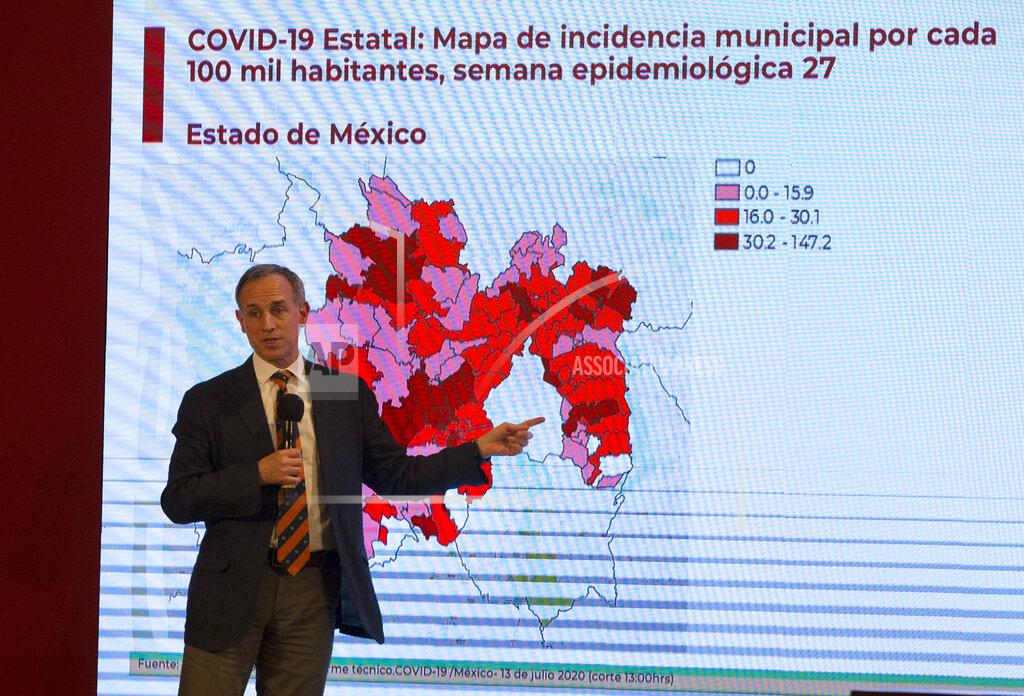 Marco Ugarte Deputy Health Secretary Hugo Lopez-Gatell speaks during a press conference about the new coronavirus, at the Palacio Nacional in Mexico City, Monday, July 13, 2020. Mexico has surpassed 35,000 confirmed COVID-19 deaths and has received a rare critique from the World Health Organization. (AP Photo/Marco Ugarte)