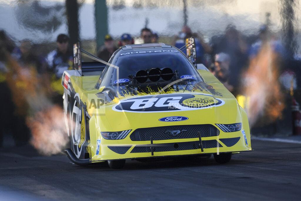 Jerry Foss In this photo provided by the NHRA,Bob Tasca drives in Funny Car qualifying Friday, Aug. 12, 2022, at Heartland Motorsports Park for the Menards NHRA Nationals drag races in Topeka, Kan. (Jerry Foss/NHRA via AP)