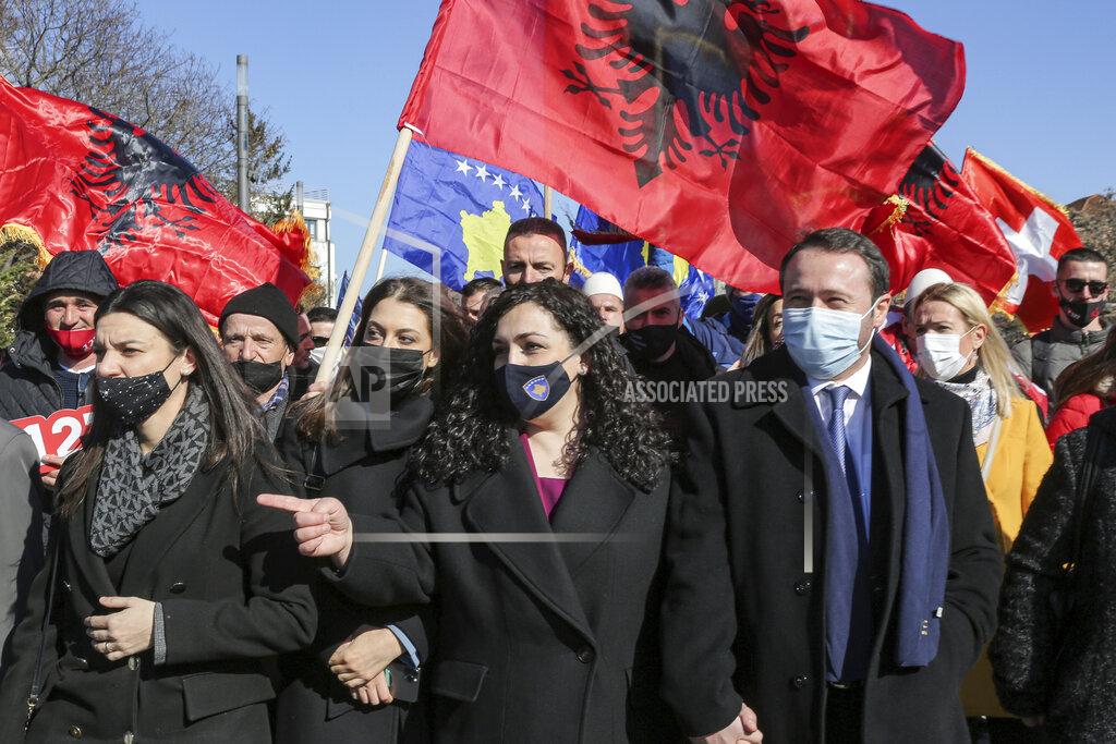 Visar Kryeziu Acting president Vjosa Osmani participates in a closing electoral rally of VETEVENDOSJE (Self-Determination) political party in capital Pristina on Friday, Feb. 12, 2021. Kosovo holds an early general election upcoming Sunday and the next government will face challenges including pandemic economic recovery, reducing unemployment and fighting organized crime.(AP Photo/Visar Kryeziu)