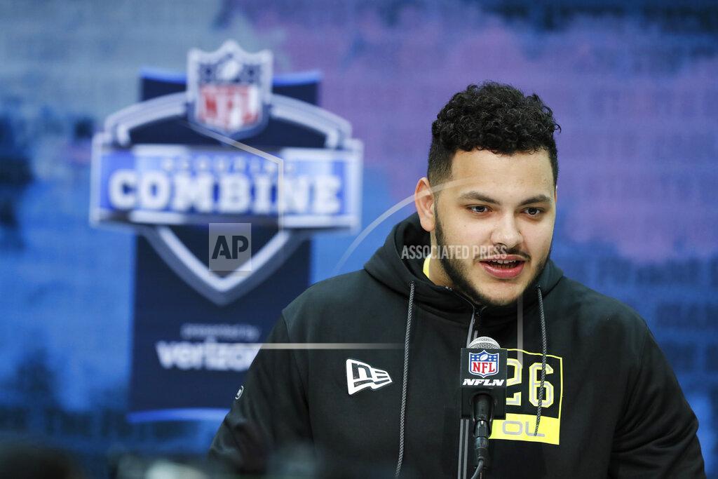 Charlie Neibergall Ohio State offensive lineman Jonah Jackson speaks during a press conference at the NFL football scouting combine in Indianapolis, Wednesday, Feb. 26, 2020. (AP Photo/Charlie Neibergall)