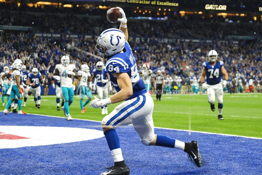 Aj Mast Indianapolis Colts tight end Jack Doyle celebrates a touchdown against the Miami Dolphins during the second half of an NFL football game in Indianapolis, Sunday, Nov. 10, 2019. (AP Photo/AJ Mast)