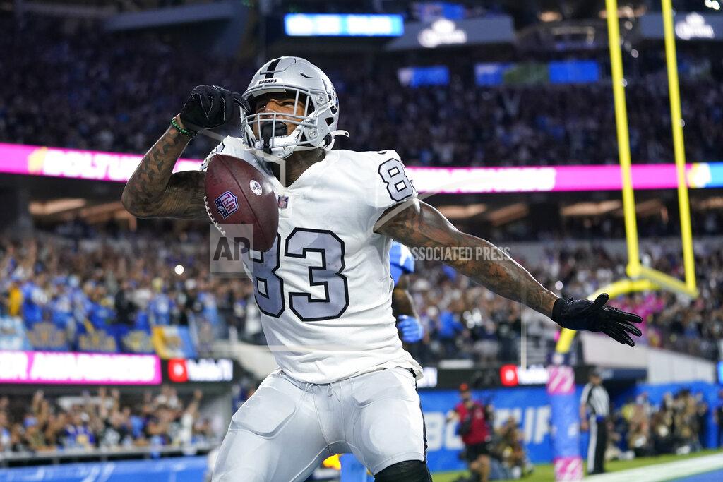 Ashley Landis Las Vegas Raiders tight end Darren Waller reacts after scoring a touchdown during the second half of an NFL football game against the Los Angeles Chargers, Monday, Oct. 4, 2021, in Inglewood, Calif. (AP Photo/Ashley Landis)
