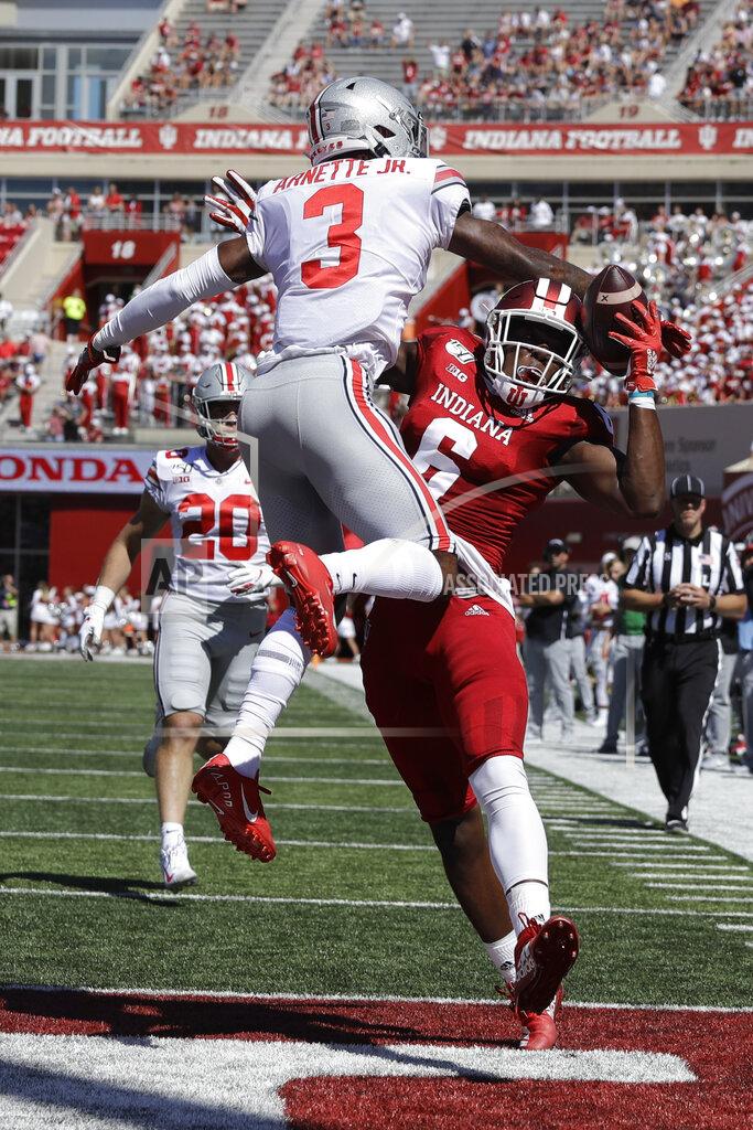 Darron Cummings Ohio State cornerback Damon Arnette (3) breaks up a pass intended for Indiana wide receiver Donavan Hale (6) during the first half of an NCAA college football game, Saturday, Sept. 14, 2019, in Bloomington, Ind. (AP Photo/Darron Cummings)