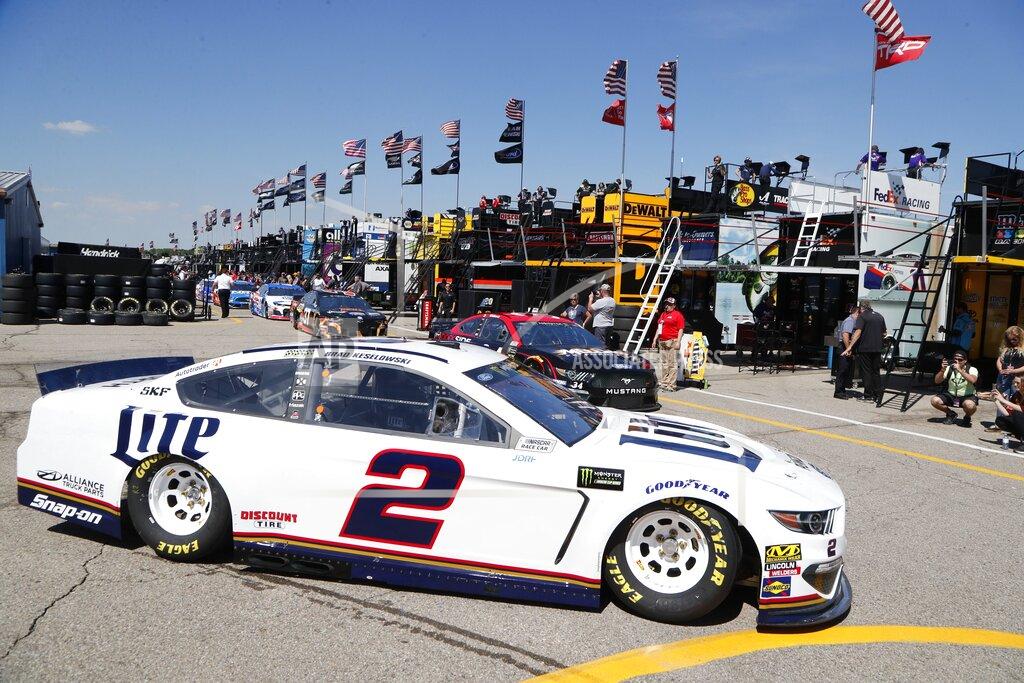 Brad Keselowski drives for a practice session for the NASCAR cup series race at Michigan International Speedway, Friday, June 7, 2019, in Brooklyn, Mich. (AP Photo/Carlos Osorio)