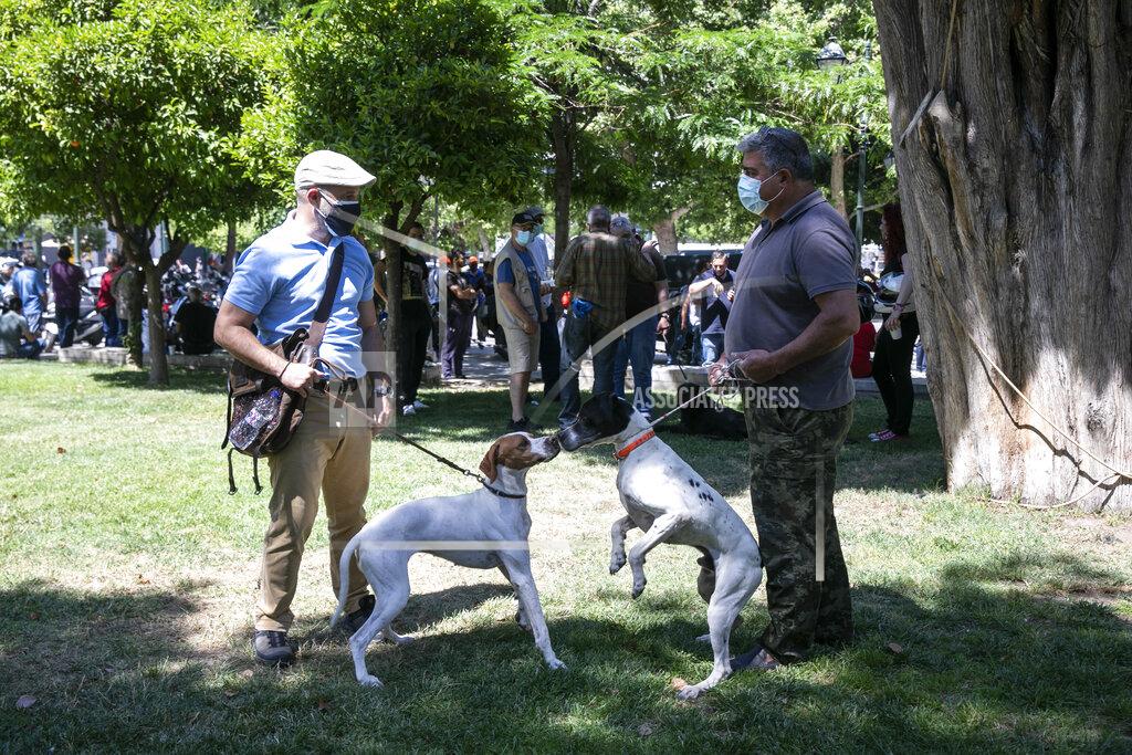 Yorgos Karahalis Dog owners take part in a rally against a proposed law by the government related to household pets, at Syntagma square, in Athens, Sunday, May 23, 2021. Several hundred dog owners, most of them also hunters, and their pets, protested outside the Greek Parliament Sunday against a new law, still at the consultation stage, that mandates sterilization of household pets. (AP Photo/Yorgos Karahalis)