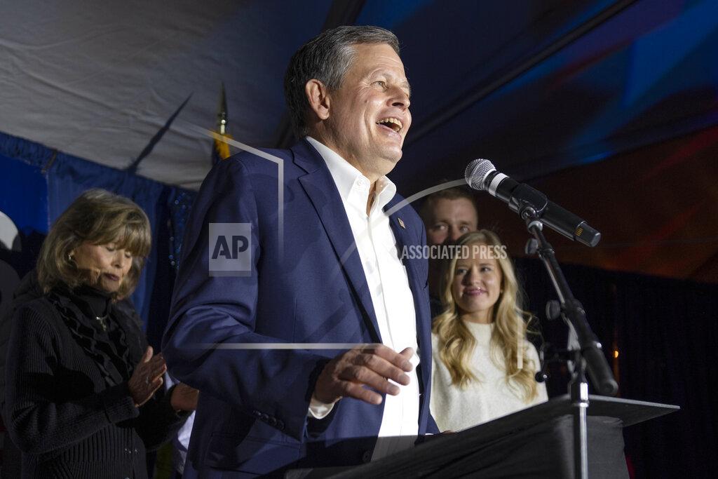 Tommy Martino Sen. Steve Daines, R-Mont., addresses his supporters after winning re-election, late Tuesday, Nov. 3, 2020, in Bozeman, Mont. (AP Photo/Tommy Martino)