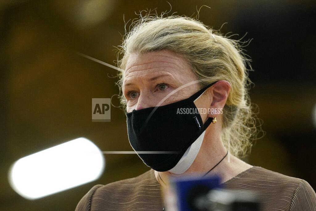 Robert F. Bukaty Commissioner Jeanne Lambrew, of the Department of Health and Human Services, speaks to reporters a day ahead of the launching of a new community COVID-19 vaccination clinic at the Portland Expo, Monday, March 1, 2021, in Portland, Maine. (AP Photo/Robert F. Bukaty)