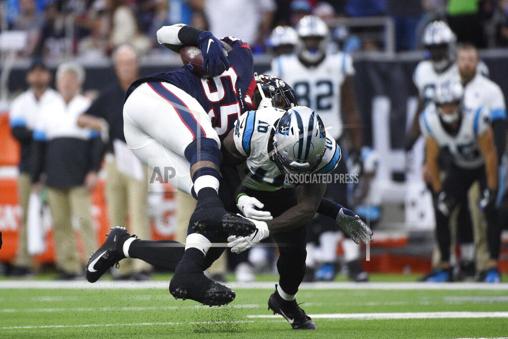 Eric Christian Smith Houston Texans inside linebacker Benardrick McKinney (55) is hit by Carolina Panthers wide receiver Curtis Samuel (10) after he recovered a fumble during the first half of an NFL football game Sunday, Sept. 29, 2019, in Houston. (AP Photo/Eric Christian Smith)