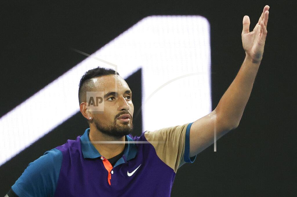 Hamish Blair Australia's Nick Kyrgios reacts during match against Portugal's Frederico Ferreira at the Australian Open tennis championship in Melbourne, Australia, Monday, Feb. 8, 2021. (AP Photo/Hamish Blair)