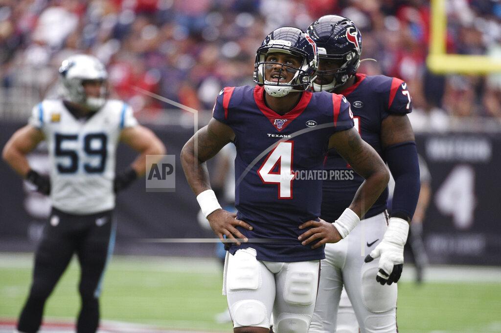 Eric Christian Smith Houston Texans quarterback Deshaun Watson (4) reacts to a play during the first half of an NFL football game against the Carolina Panthers Sunday, Sept. 29, 2019, in Houston. (AP Photo/Eric Christian Smith)