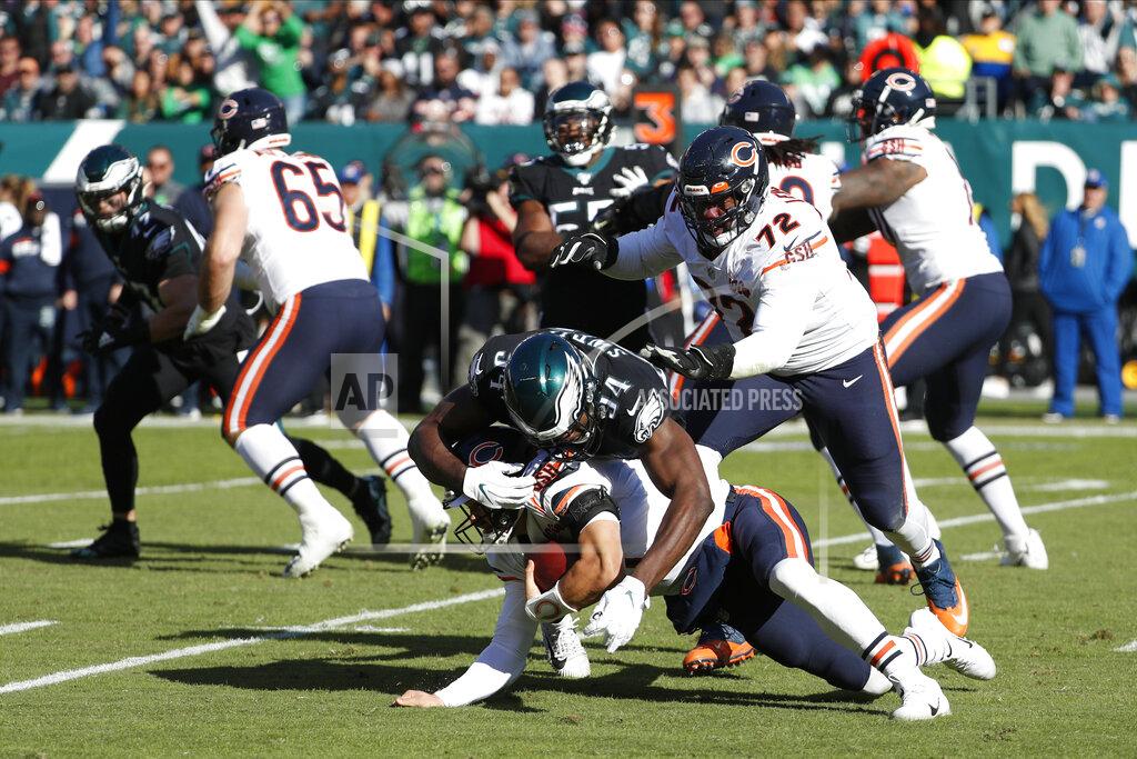 Chris Szagola Chicago Bears' Mitchell Trubisky (10) is tackled by Philadelphia Eagles' Josh Sweat (94) during the first half of an NFL football game, Sunday, Nov. 3, 2019, in Philadelphia. (AP Photo/Chris Szagola)