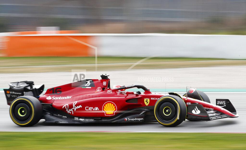 Joan Monfort Ferrari driver Charles Leclerc of Monaco steers his car during a Formula One pre-season testing session at the Catalunya racetrack in Montmelo, just outside of Barcelona, Spain, Friday, Feb. 25, 2022. (AP Photo/Joan Monfort)