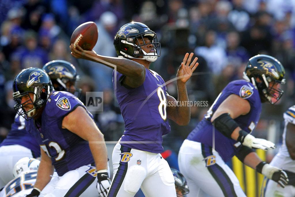 Carolyn Kaster Baltimore Ravens quarterback Lamar Jackson (8) throws a pass in the first half of an NFL wild card playoff football game against the Los Angeles Chargers, Sunday, Jan. 6, 2019, in Baltimore. (AP Photo/Carolyn Kaster)