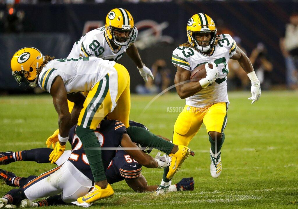 Charles Rex Arbogast Green Bay Packers' Aaron Jones runs during the second half of an NFL football game against the Chicago Bears Thursday, Sept. 5, 2019, in Chicago. (AP Photo/Charles Rex Arbogast)