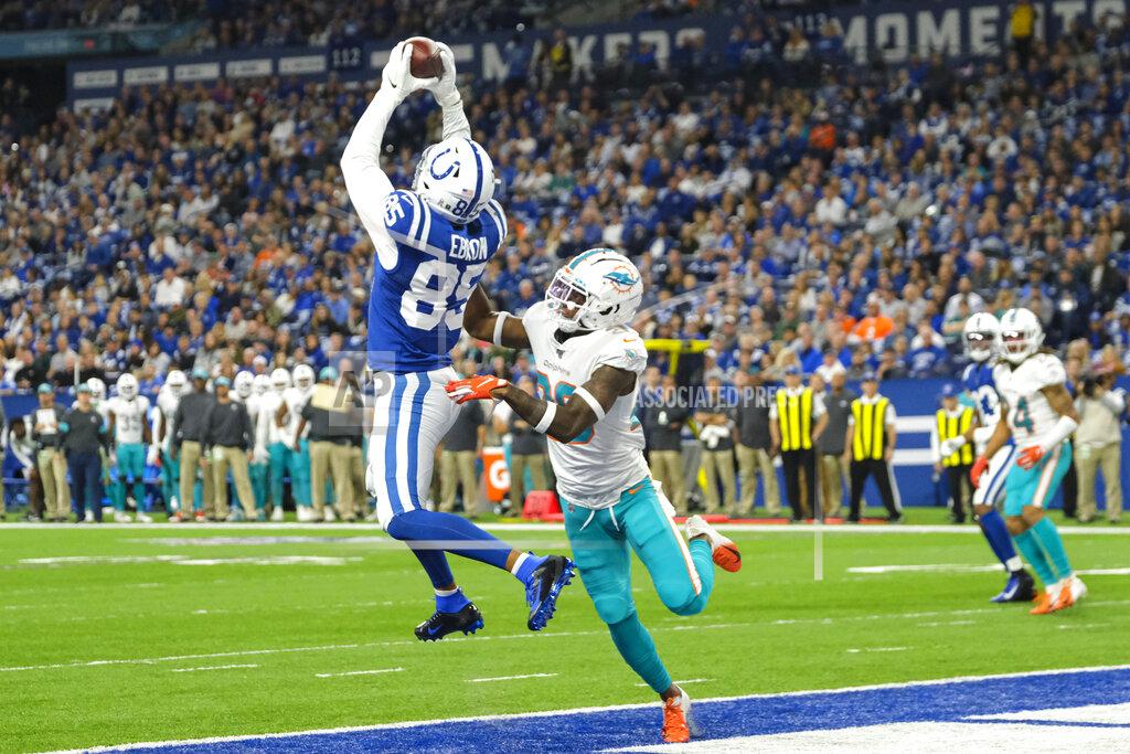 Aj Mast Indianapolis Colts tight end Eric Ebron (85) makes a catch in the end zone over Miami Dolphins defensive back Steven Parker (26) during the first half of an NFL football game in Indianapolis, Sunday, Nov. 10, 2019. The play was rule an interception by Parker. (AP Photo/AJ Mast)