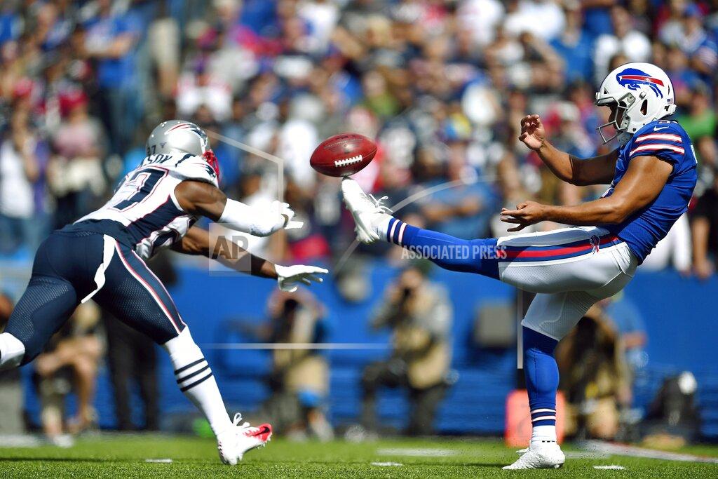 Adrian Kraus New England Patriots defensive back J.C. Jackson, left, blocks a punt by Buffalo Bills punter Corey Bojorquez in the first half of an NFL football game, Sunday, Sept. 29, 2019, in Orchard Park, N.Y. (AP Photo/Adrian Kraus)