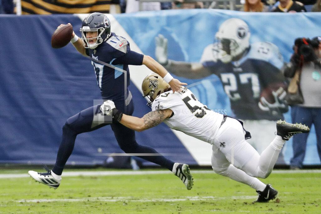 James Kenney Tennessee Titans quarterback Ryan Tannehill (17) is sacked by New Orleans Saints outside linebacker A.J. Klein (53) in the first half of an NFL football game Sunday, Dec. 22, 2019, in Nashville, Tenn. (AP Photo/James Kenney)