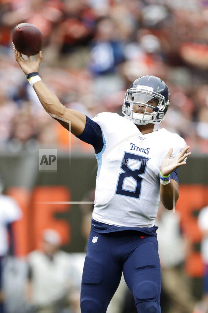 Ron Schwane Tennessee Titans quarterback Marcus Mariota passes during the first half in an NFL football game against the Cleveland Browns, Sunday, Sept. 8, 2019, in Cleveland. (AP Photo/Ron Schwane)