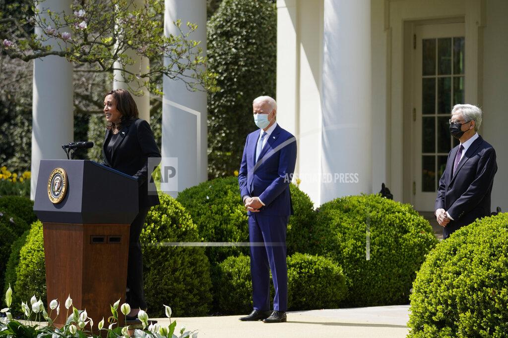 Andrew Harnik Vice President Kamala Harris accompanied by President Joe Biden and Attorney General Merrick Garland, speaks about gun violence prevention in the Rose Garden at the White House, Thursday, April 8, 2021, in Washington. (AP Photo/Andrew Harnik)