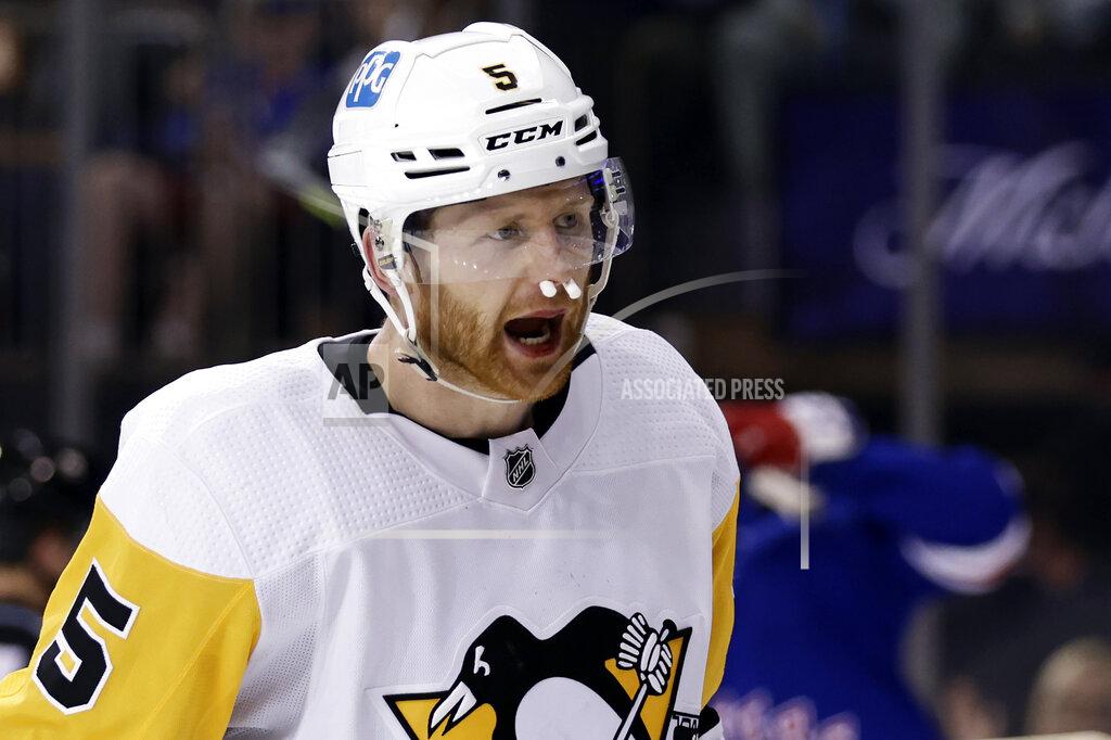 Adam Hunger Pittsburgh Penguins defenseman Mike Matheson reacts after being called for a penalty during the second period in Game 7 of an NHL hockey Stanley Cup first-round playoff series against the New York Rangers, Sunday, May 15, 2022, in New York. (AP Photo/Adam Hunger)