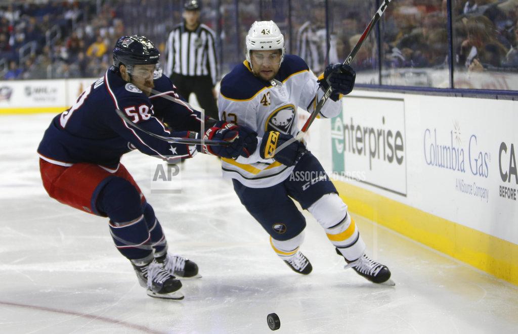 Jay Laprete Buffalo Sabres' Conor Sheary, right, and Columbus Blue Jackets' David Savard chase the puck during the third period of an NHL hockey game Saturday, Oct. 27, 2018, in Columbus, Ohio. (AP Photo/Jay LaPrete)