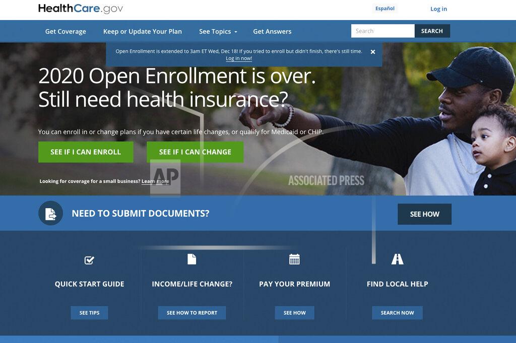 FILE - This screen grab from the website HealthCare.gov shows the extended deadline for signing up for health care coverage for 2020. (Centers for Medicare and Medicaid Services via AP, File)