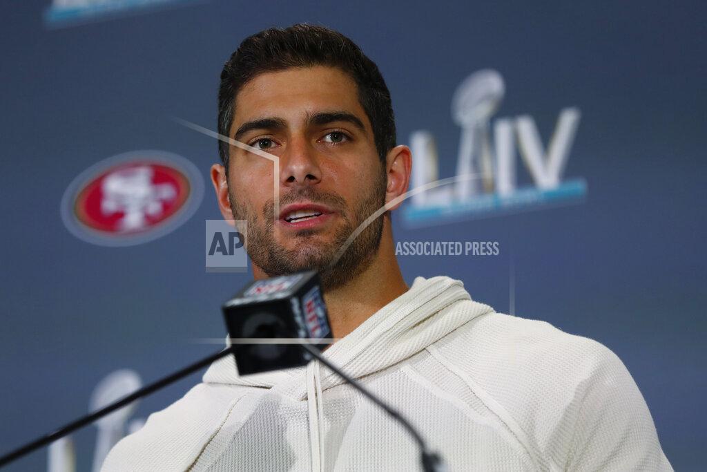 Wilfredo Lee San Francisco 49ers quarterback Jimmy Garoppolo speaks during a media availability, Thursday, Jan. 30, 2020, in Miami, for the NFL Super Bowl 54 football game against the Kansas City Chiefs. (AP Photo/Wilfredo Lee)