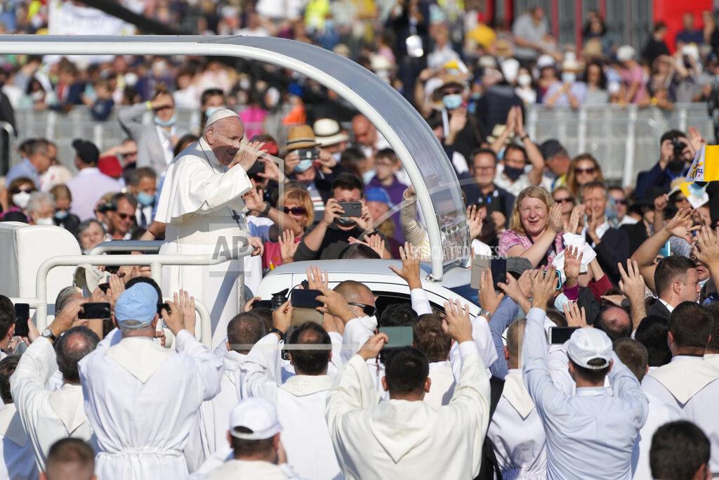 Gregorio Borgia Pope Francis arrives to celebrate a Mass in the esplanade of the National Shrine in Sastin, Slovakia, Wednesday, Sept. 15, 2021. Pope Francis celebrates an open air Mass in Sastin, the site of an annual pilgrimage each September 15 to venerate Slovakia's patron, Our Lady of Sorrows. (AP Photo/Gregorio Borgia)