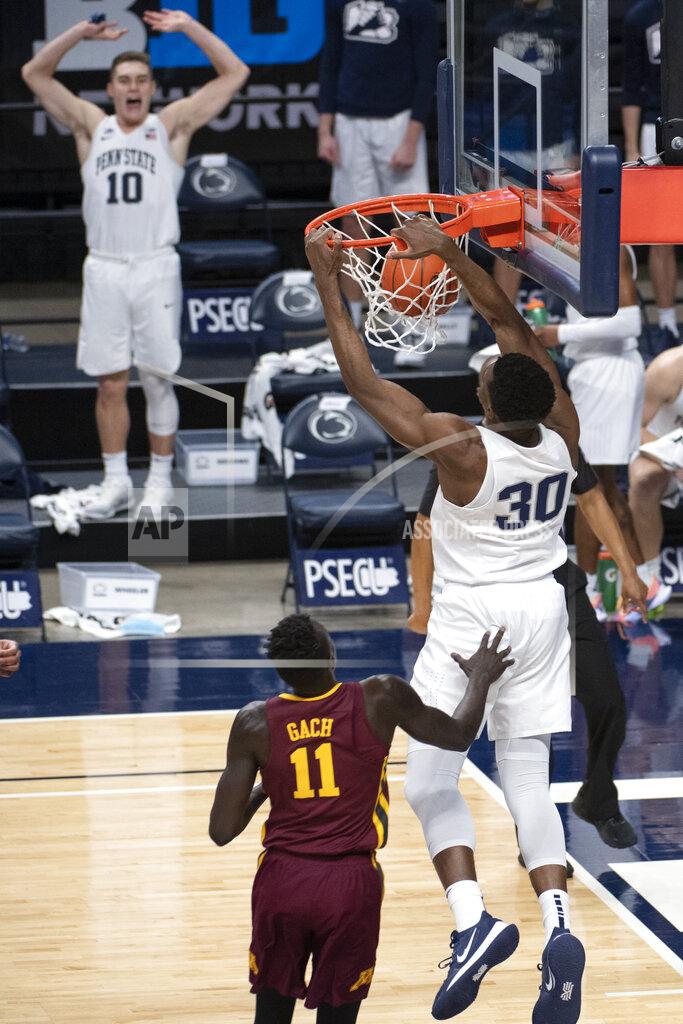 Noah Riffe Penn State forward Abdou Tsimbila (30) dunks against Minnesota during an NCAA college basketball game Wednesday, March 3, 2021, in State College, Pa. (Noah Riffe/Centre Daily Times via AP)