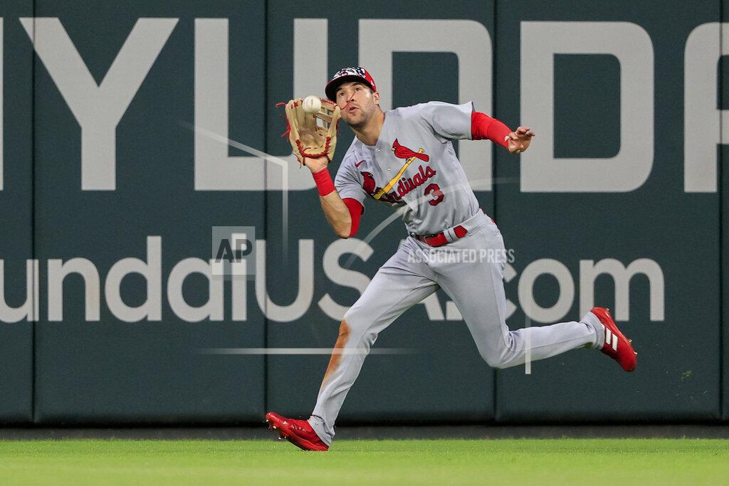Butch Dill St. Louis Cardinals right fielder Dylan Carlson catches a fly ball for the out on Atlanta Braves' Marcell Ozuna during the eighth inning of a baseball game Tuesday, July 5, 2022, in Atlanta. (AP Photo/Butch Dill)