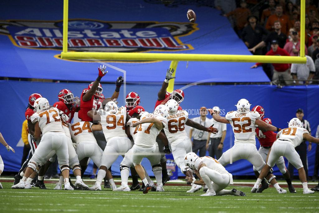 Rusty Costanza Texas' Cameron Dicker (17) kicks a field goal against Georgia during the first half of the Sugar Bowl NCAA college football game Tuesday, Jan. 1, 2019, in New Orleans. (AP Photo/Rusty Costanza)