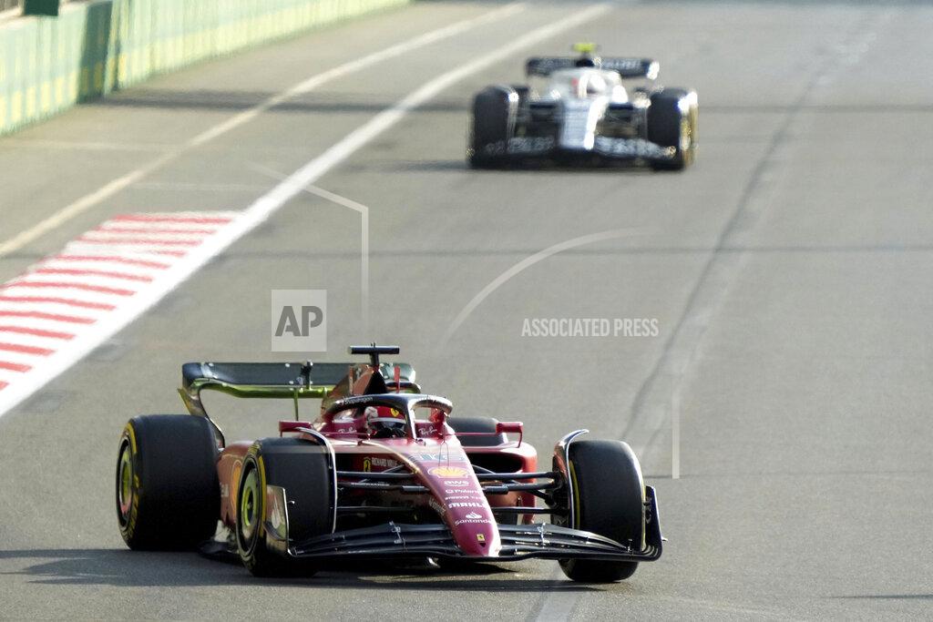Sergei Grits Ferrari driver Charles Leclerc of Monaco steers his car during the second free practice at the Baku circuit, in Baku, Azerbaijan, Friday, June 10, 2022. The Formula One Grand Prix will be held on Sunday. (AP Photo/Sergei Grits)