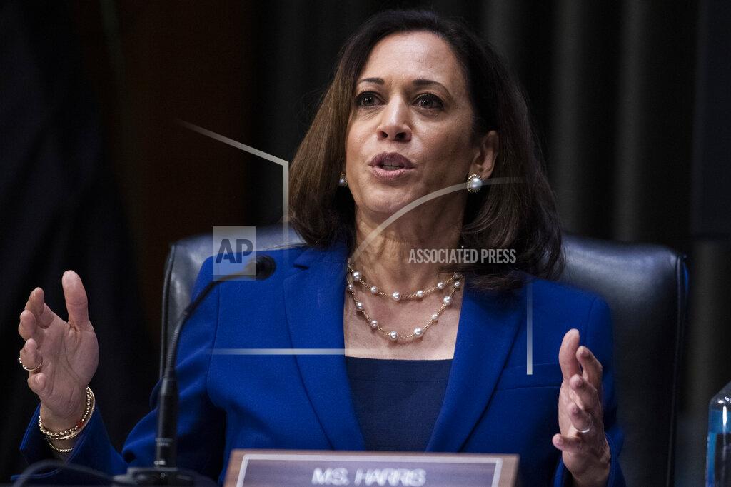 Tom Williams In this June 16, 2020, photo, Sen. Kamala Harris, D-Calif., asks a question during a Senate Judiciary Committee hearing on police use of force and community relations on on Capitol Hill in Washington. Seven months after ending her presidential bid, Harris is at another crossroads moment in her political career. (Tom Williams/CQ Roll Call/Pool via AP)