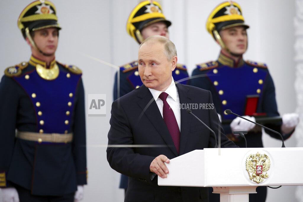 Mikhail Klimentyev Russian President Vladimir Putin speaks while marking Day of Russia at the Grand Kremlin Palace in Moscow, Russia, Saturday, June 12, 2021. Since 1992, Russia Day is annually celebrated on 12 June as the Russian Federation's national holiday. (Mikhail Klimentyev, Sputnik, Kremlin Pool Photo via AP)