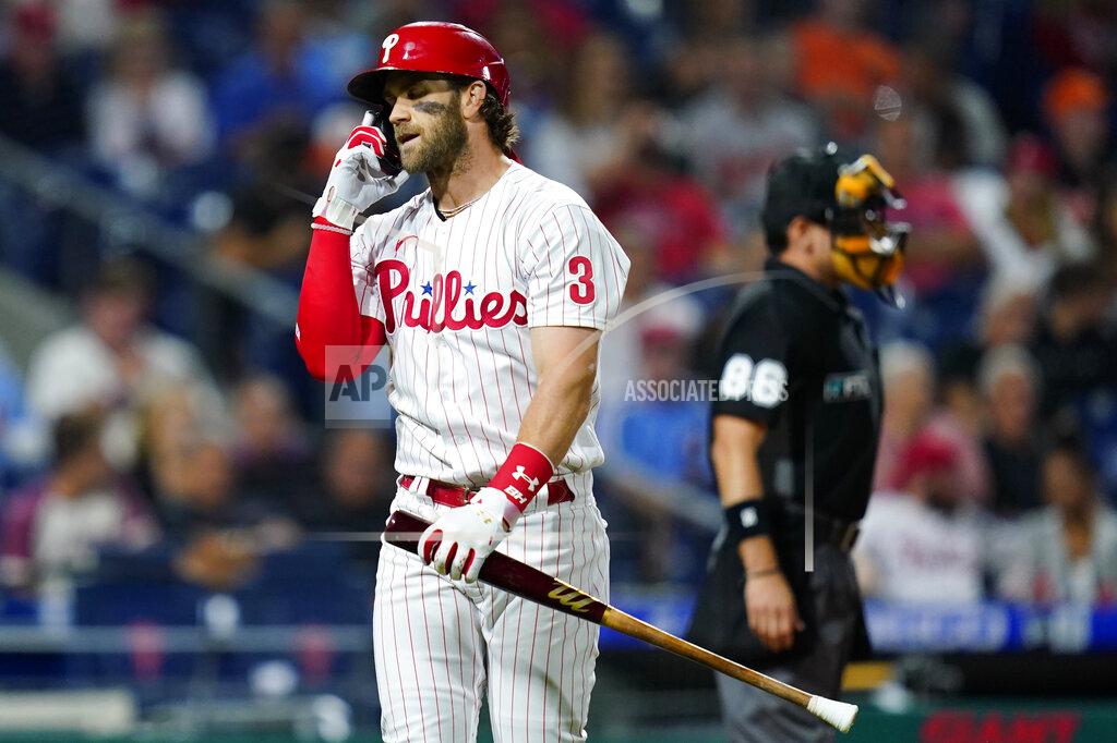 Matt Slocum Philadelphia Phillies' Bryce Harper reacts after striking out against Baltimore Orioles pitcher John Means during the fourth inning of an interleague baseball game, Monday, Sept. 20, 2021, in Philadelphia. (AP Photo/Matt Slocum)