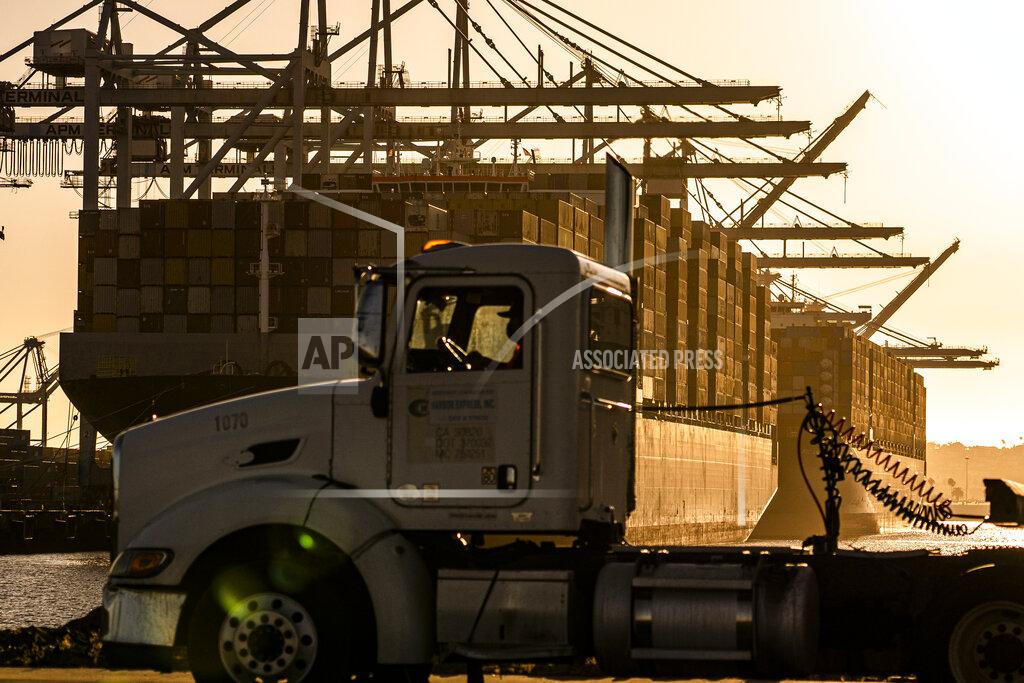 Damian Dovarganes In this Tuesday, Oct. 19, 2021, photo a truck arrives to pick up a shipping containers, drives by vessels moored at the Maersk APM Terminals Pacific, Pier 400, Port of Los Angeles. California Gov, Gavin Newsom on Wednesday, Oct. 20, issued an order that aims to ease bottlenecks at the ports of Los Angeles and Long Beach that have spilled over into neighborhoods where cargo trucks are clogging residential streets. Last week the White House allowed the ports complex to become a 24-hour operation in an effort to break the logjam and reduce shipping delays. (AP Photo/Damian Dovarganes)