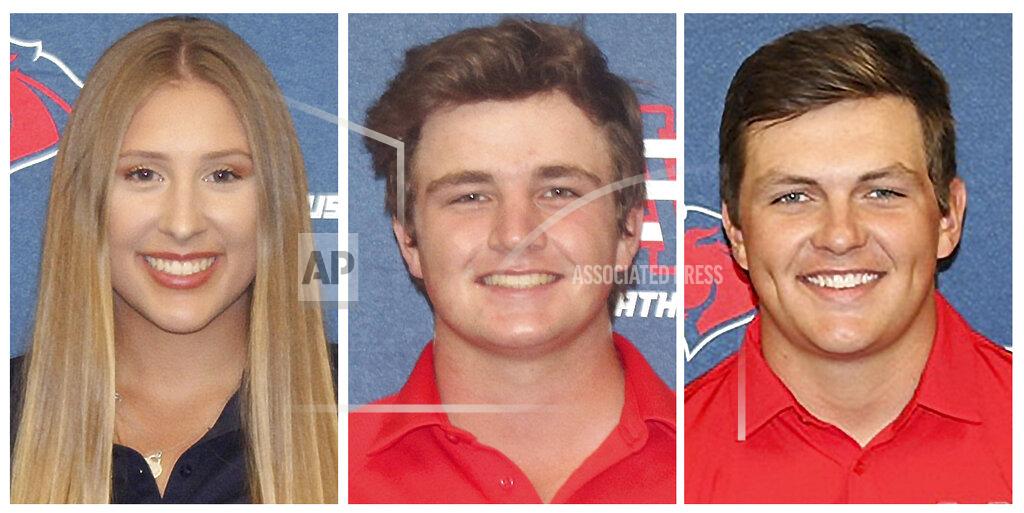 This combo of undated photos provided by the University of the Southwest, shows from left, golfers Laci Stone, Hayden Underhill, and Jackson Zinn. Stone and Zinn were killed, and Underhill was critically injured, in a fiery, head-on collision in West Texas, Tuesday evening, March 15, 2022. (University of the Southwest via AP)