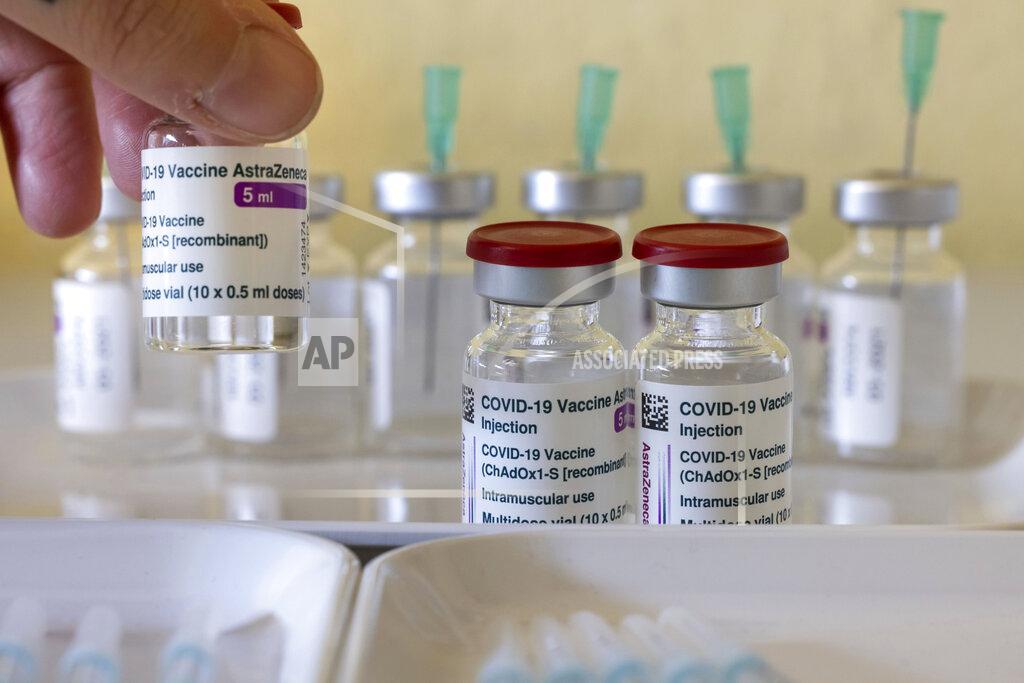 Michael Reichel AstraZeneca's vaccines are ready for Corona vaccination at the vaccination center. in Apolda, Germany, Sunday, Feb.28, 2021. A total of 5350 employees at elementary and special schools as well as kindergartens are expected to receive their first Corona vaccination at the Thuringian vaccination centers today. (Michael Reichel/dpa via AP)