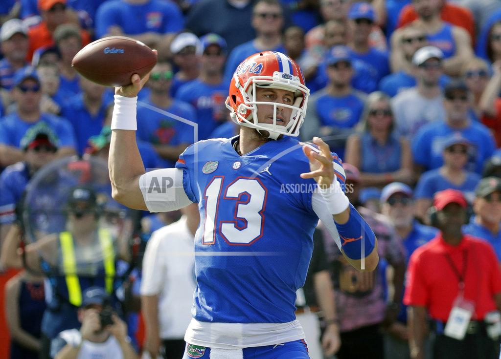 John Raoux FILE - In this Oct. 6, 2018, file photo, Florida quarterback Feleipe Franks throws a pass against LSU during the first half of an NCAA college football game, in Gainesville, Fla. No. 7 Georgia plays at No. 9 Florida on Saturday. (AP Photo/John Raoux, File)