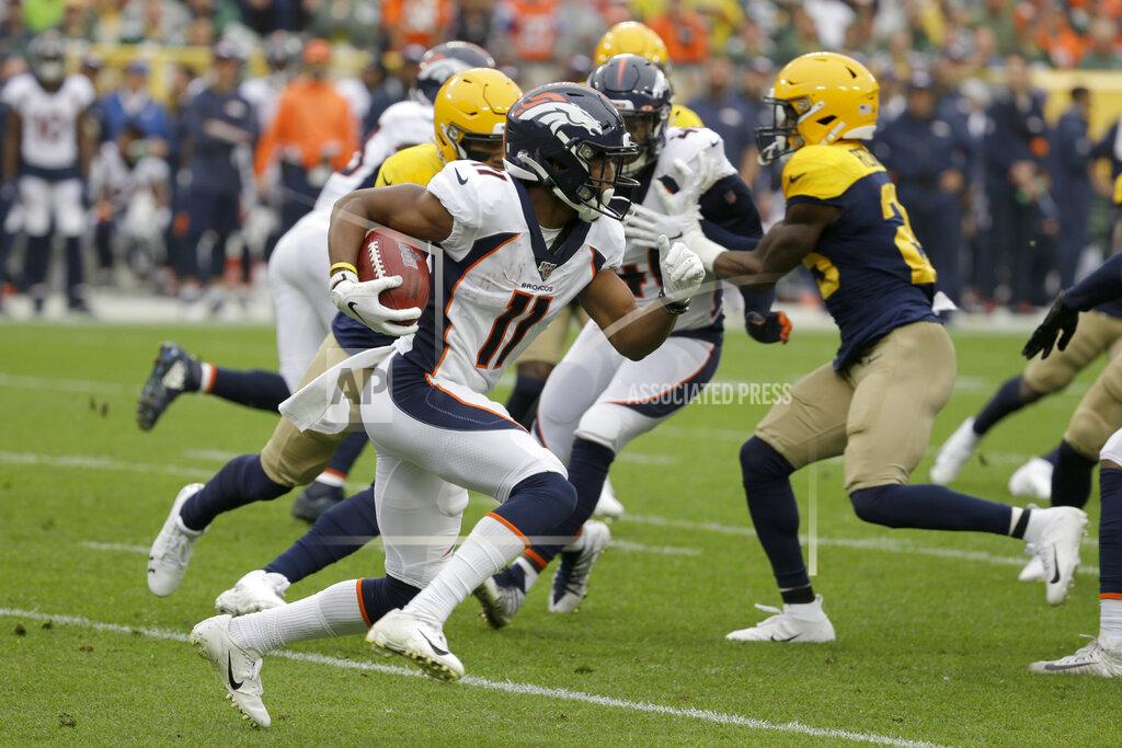 Mike Roemer Denver Broncos wide receiver Diontae Spencer (11) runs with the ball during the first half of an NFL football game against the Green Bay Packers, Sunday, Sept. 22, 2019, in Green Bay, Wis. (AP Photo/Mike Roemer)